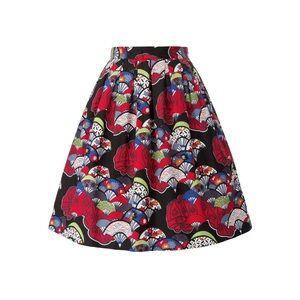 GRACE KARIN Elegant Women's Pleated A-Line Midi Skirt - Red and Black Fan Print